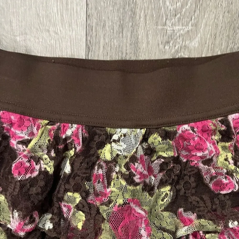 Justice Girl’s Brown Pink Floral Lace Pull-On Tiered Skater Skort Size 6